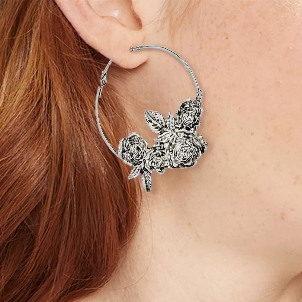 Women's Wild‎ Fable Rose Hoop Earrings Antique Silver NWT